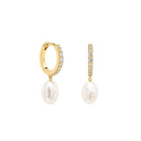 Sterling silver Cubic Paved Freshwater Pearl Huggie Earrings - Gold