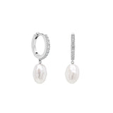 Sterling silver Cubic Paved Freshwater Pearl Huggie Earrings - Silver